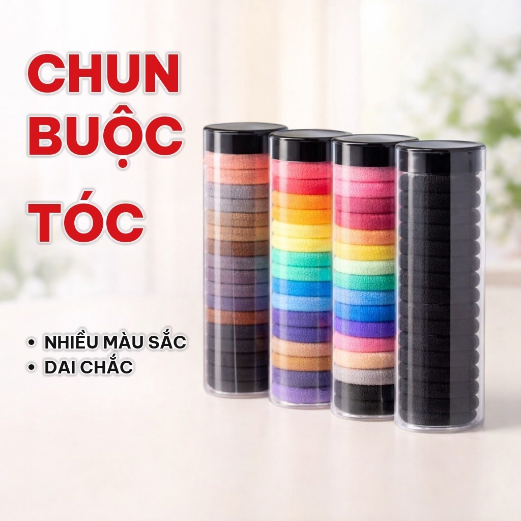 (COMBO 5) HỘP 20 Chun Buộc Tóc Nhiều Màu, Dây Buộc Tóc Trơn Co Giãn, Kèm Ống Đựng Trong Suốt Cho Nữ