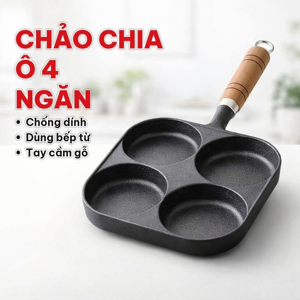 Chảo Chiên Trứng 4 Ngăn 4 Lỗ Chống Dính, Chảo Chia Ô Gang Đúc Nguyên Khối, Tay Cầm Gỗ Dùng Cho Bếp Từ