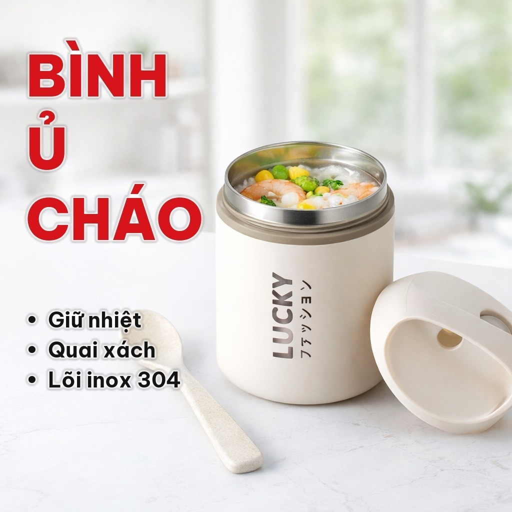 Bình Ủ Cháo Lucky 500ml, Lõi Inox 304 Vỏ Nhựa Có Quai Xách - Bình Giữ Nhiệt Thức Ăn Cho Bé Và Văn Phòng