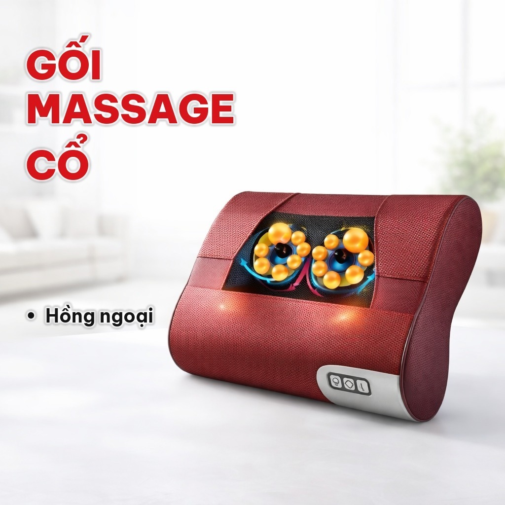 Gối Massage Cổ Vai Gáy 20 Bi, Gối Mát Xa Làm Nóng Hồng Ngoại Xoay Đảo Chiều, Hỗ Trợ Mát Xa Toàn Thân