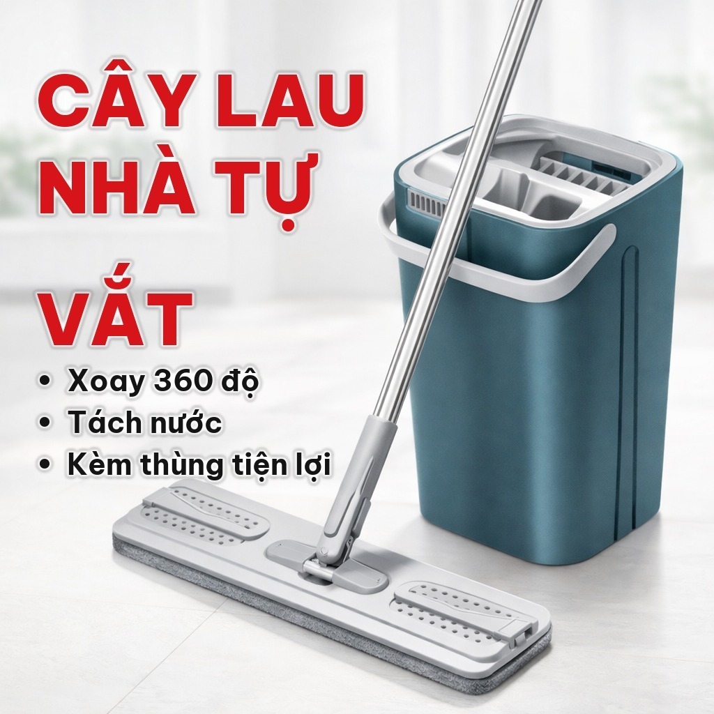 Cây Lau Nhà Tự Vắt Xoay 360 Độ, Chổi Lau Nhà Tách Nước Kèm Thùng 2 Ngăn Tiện Lợi, Cán Inox Không Gỉ