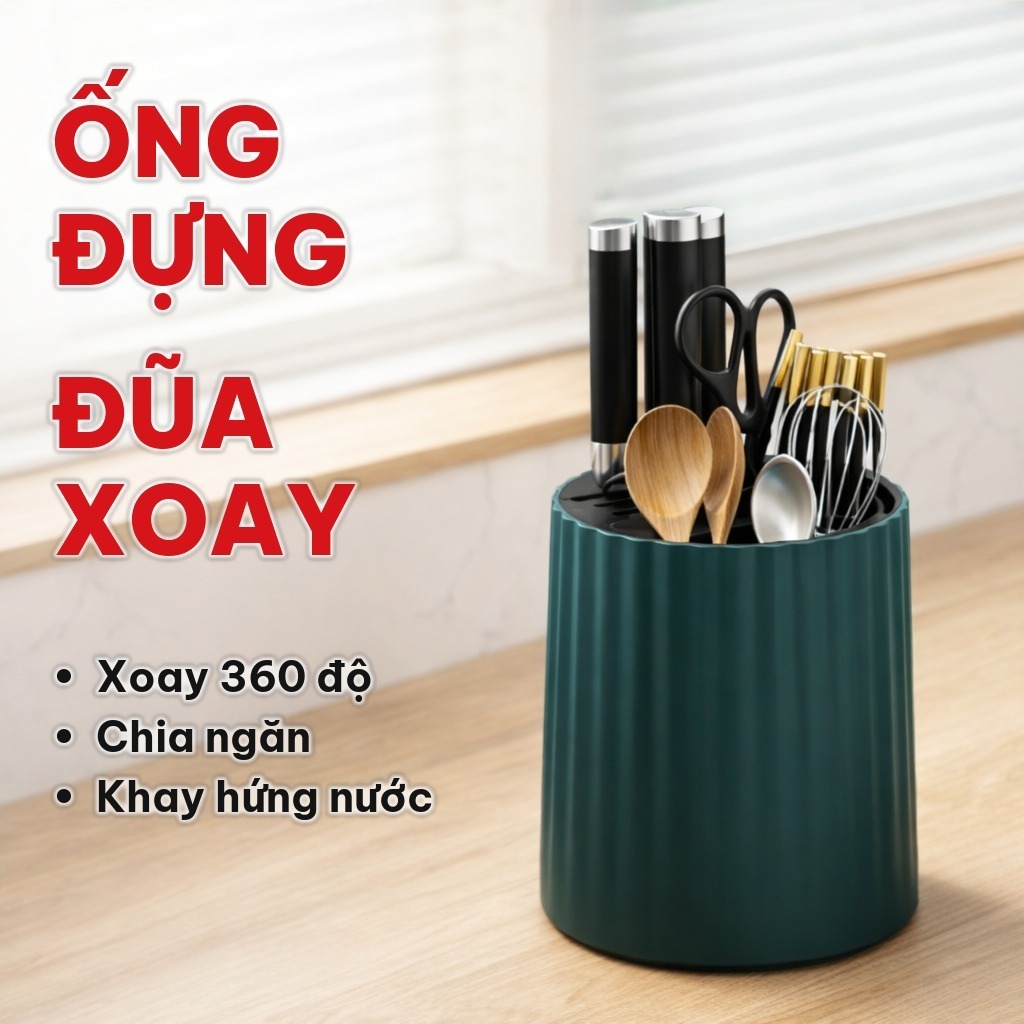 Ống Đựng Đũa Hình Tròn Xoay 360 Bằng Nhựa PP, Hộp Đựng Đũa Chia Ngăn, Khay Hứng Nước Đa Năng Cho Nhà Bếp