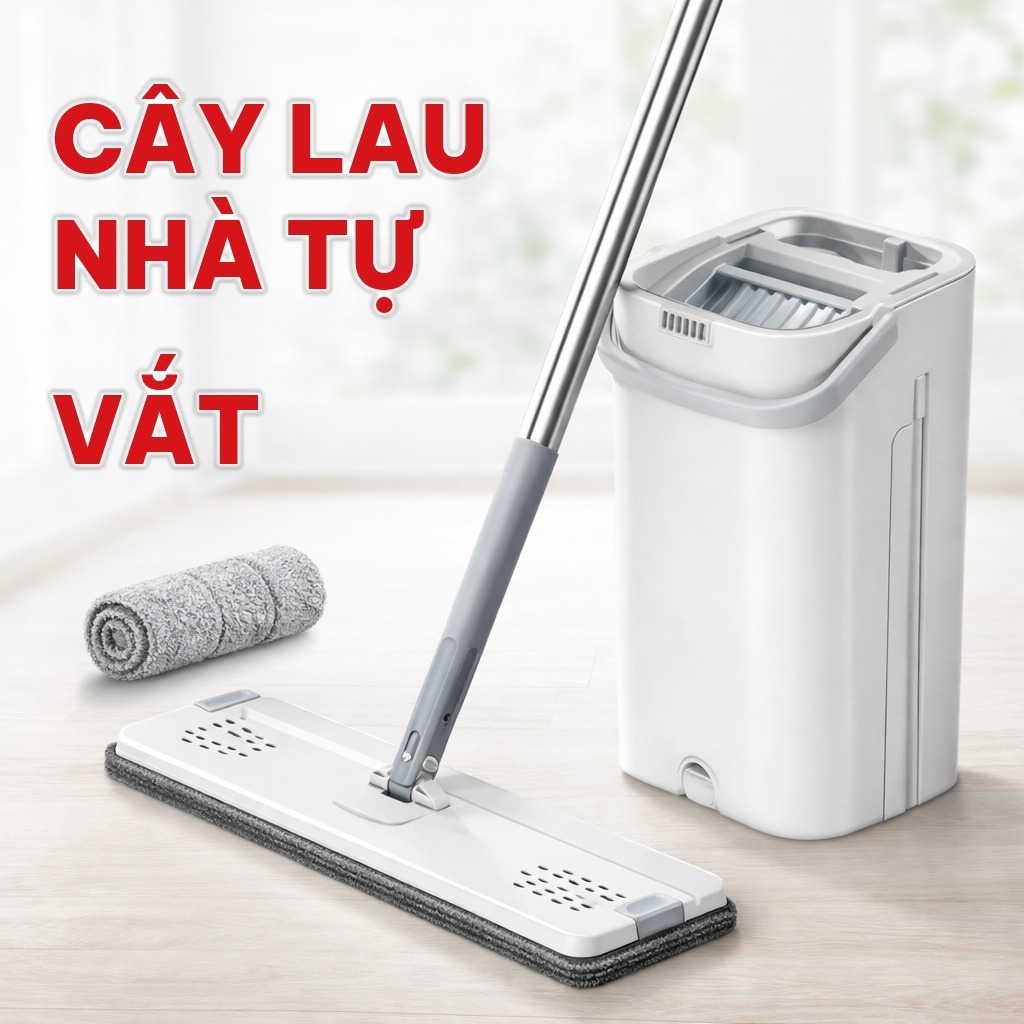 Cây Lau Nhà Tự Vắt Thông Minh, Bộ Lau Nhà 360 Độ Cán Inox, Thùng 2 Ngăn Giặt Vắt Kèm 2 Bông Lau, Bàn Lau Nhựa ABS