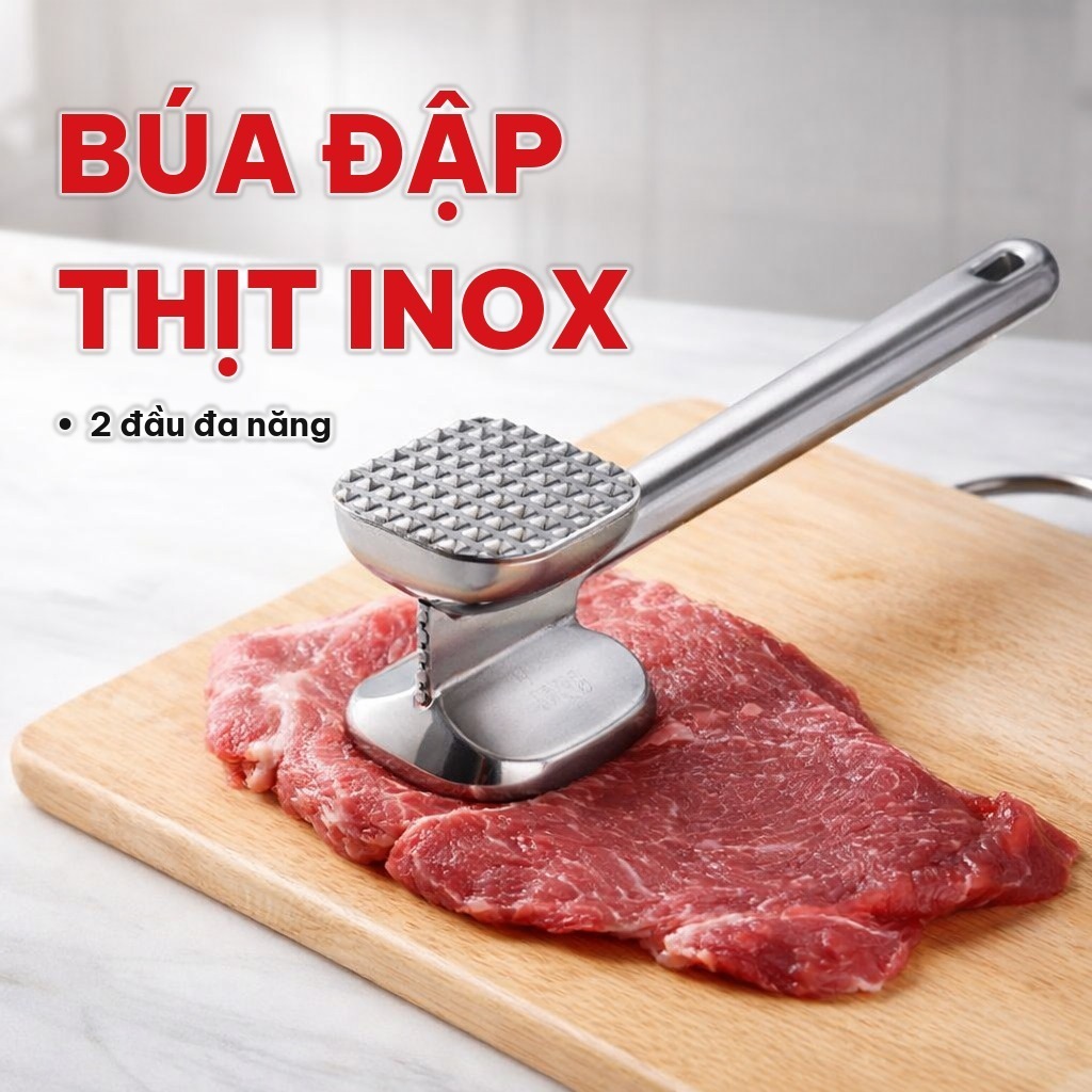 (COMBO 2) Búa Đập Thịt Inox 2 Đầu 3 Trong 1 Đa Năng, Dụng Cụ Đập Thịt Chống Gỉ, Giã Hành Tỏi Cho Gian Bếp