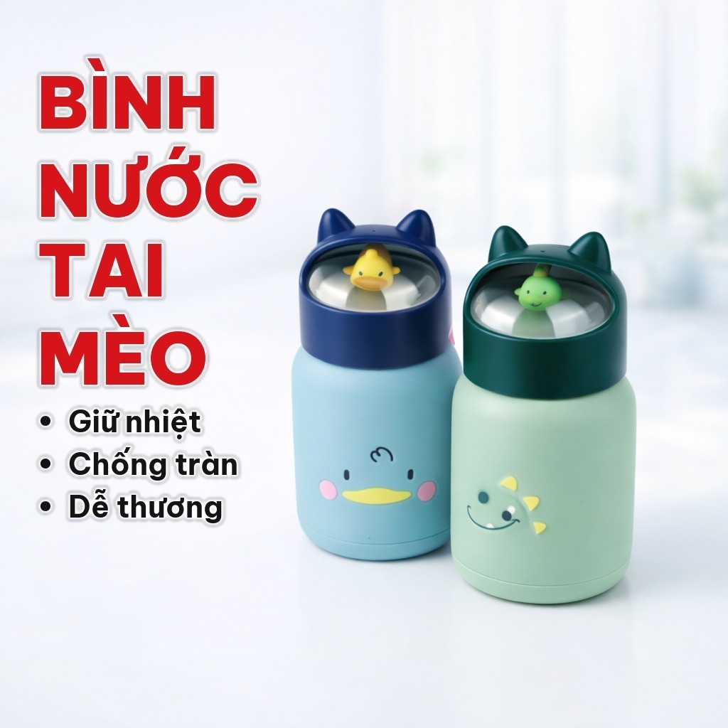 Bình Nước Giữ Nhiệt 360ml Tai Mèo Nắp Thú Dễ Thương, Bình Nước Hình Thú Lõi Thủy Tinh Bọc Nhựa Cách Nhiệt