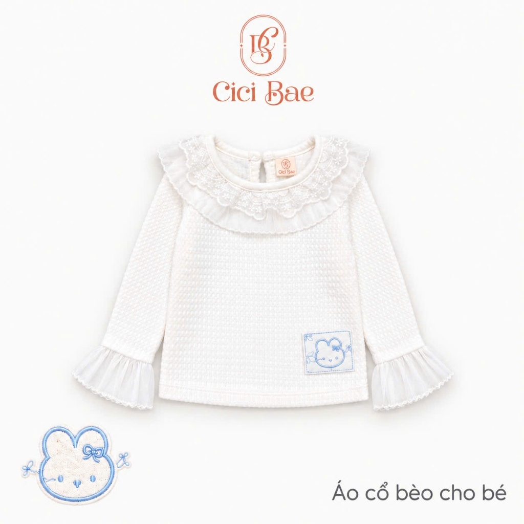 Áo Giữ Nhiệt Cổ Bèo Cho Bé Gái, Áo Cổ Bèo Hình Thêu Thỏ Cho Bé Gái, Dễ Mặc, Dễ Phối Đồ Cho Bé GN10