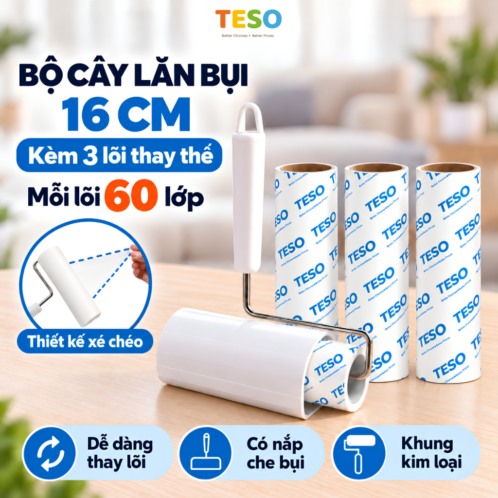 Bộ Cây Lăn Bụi 16CM TESO Dính Tóc, Lông Chó Mèo, Bụi Quần Áo, Ga Giường - Lõi Lăn Dính Bụi 16cm 60 Lớp