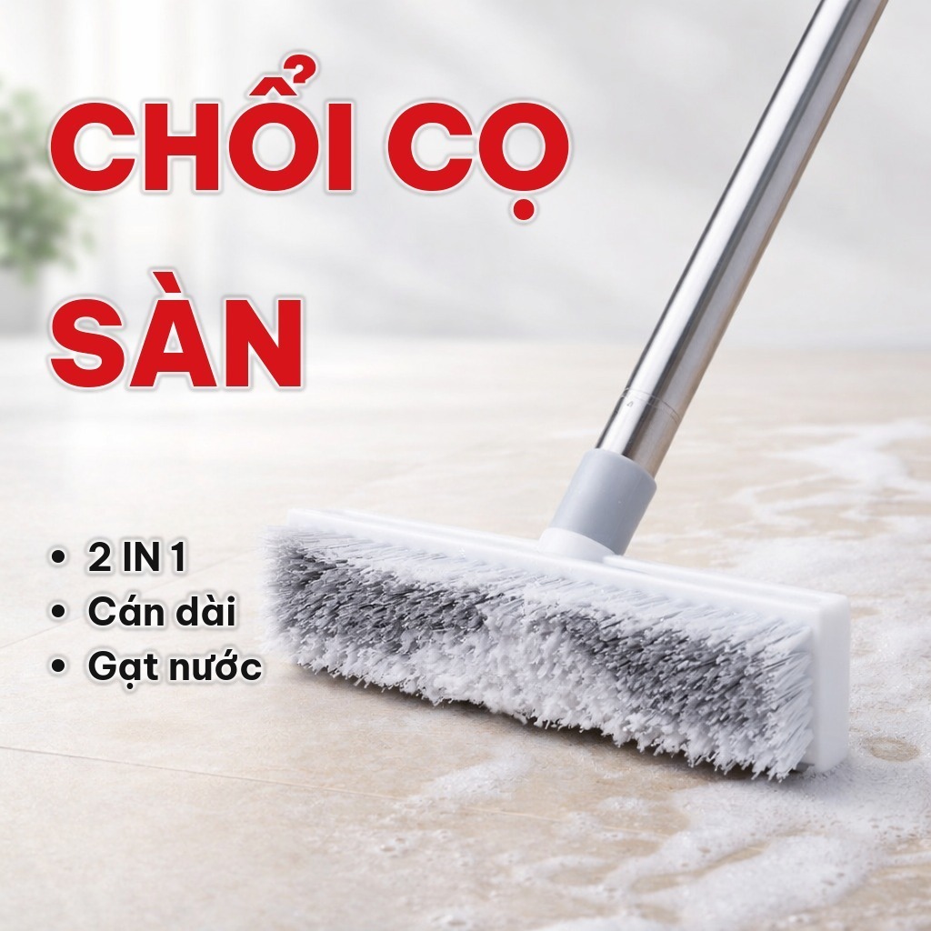 Chổi Chà Sàn Màu Trắng 2 Trong 1 Đa Năng, Cây Chà Sàn Nhà Tắm Cán Inox, Gạt Nước Và Cọ Sàn Nhà Vệ Sinh