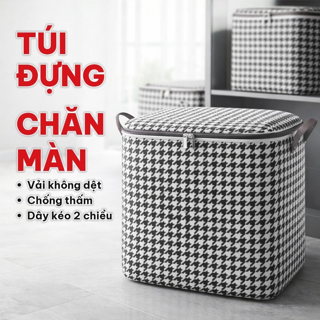 Túi Đựng Chăn Màn Quần Áo 100L Loại 1 Dày, Túi Đựng Gối Mền Vải Không Dệt, Nắp Dây Kéo 2 Chiều Kẻ Caro