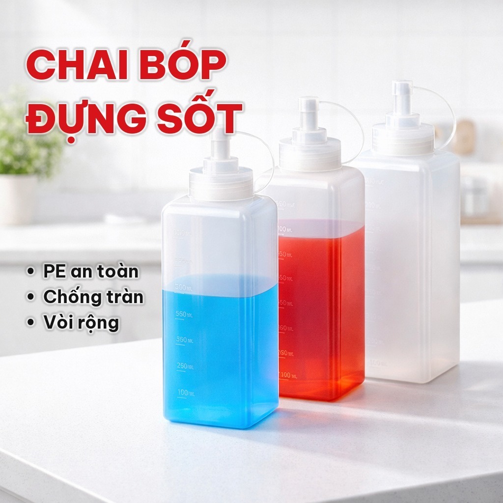 (COMBO 5) Chai Nhựa Đựng Nước Sốt 800/ 500ml, Chống Bụi Chống Tràn - Bình Bóp Nhựa Vòi Rộng Cho Nhà Bếp