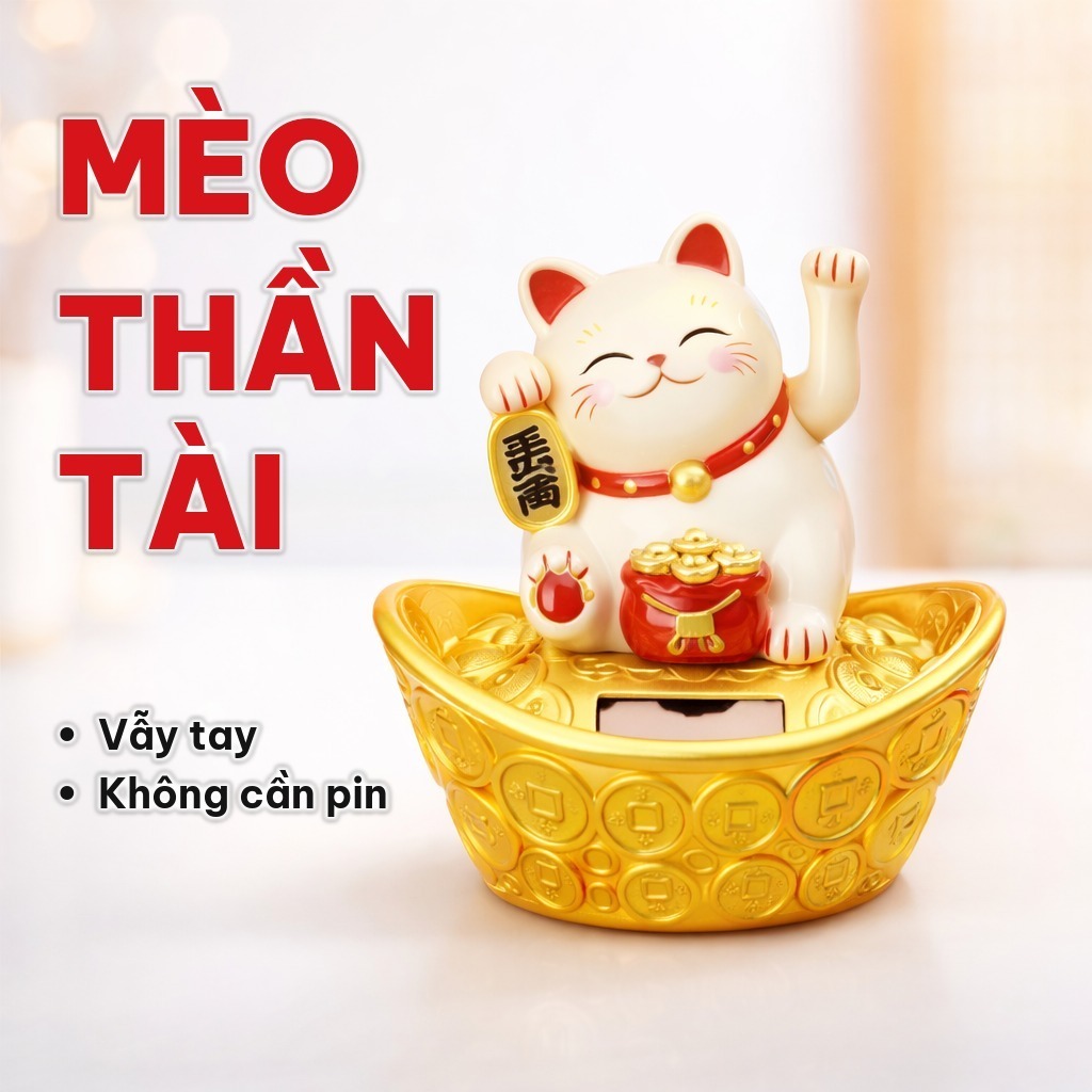 Mèo Thần Tài Vẫy Tay Năng Lượng Mặt Trời, Mèo May Mắn Bằng Nhựa Cứng Trang Trí Phong Thủy, Hút Tài Lộc