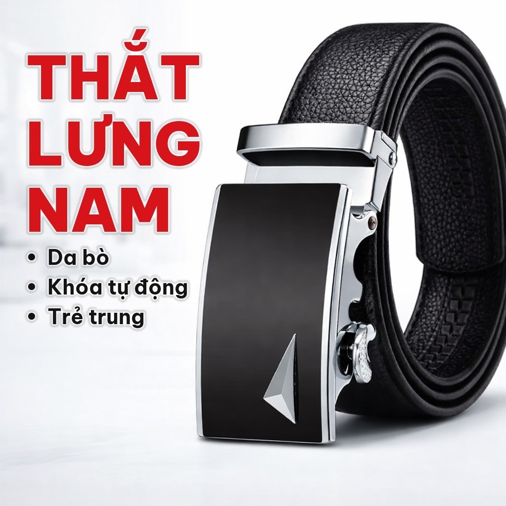 Thắt Lưng Da Nam, Khóa Tự Động, Dây Nịt Nam Màu Đen, Mặt Hợp Kim Thép Không Gỉ, Phong Cách Trẻ Trung