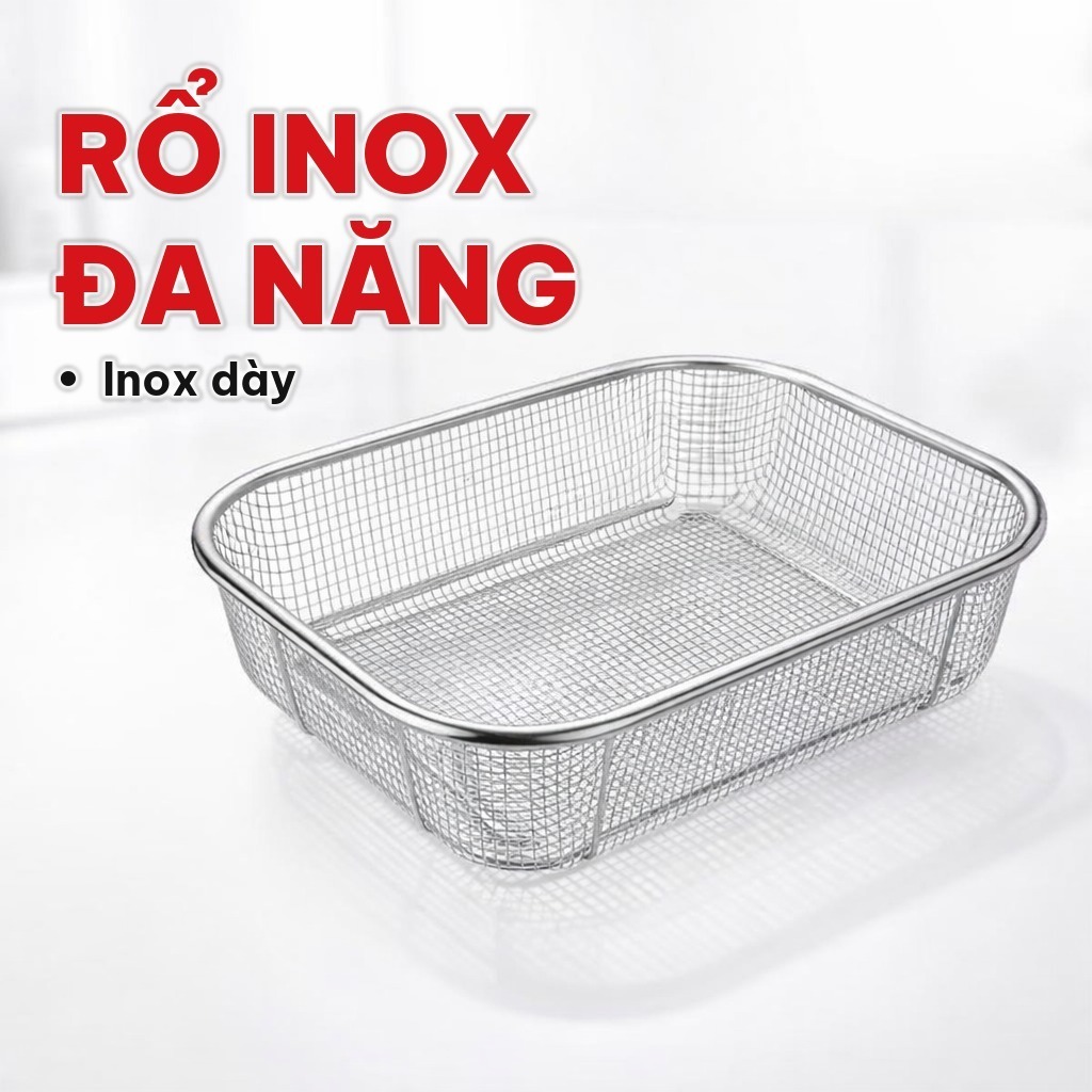 Rổ Inox Đa Năng Hình Chữ Nhật, Rổ Lưới Inox Dày Sáng Bóng Không Gỉ Sét, Đựng Trái Cây Rau Củ Cho Nhà Bếp