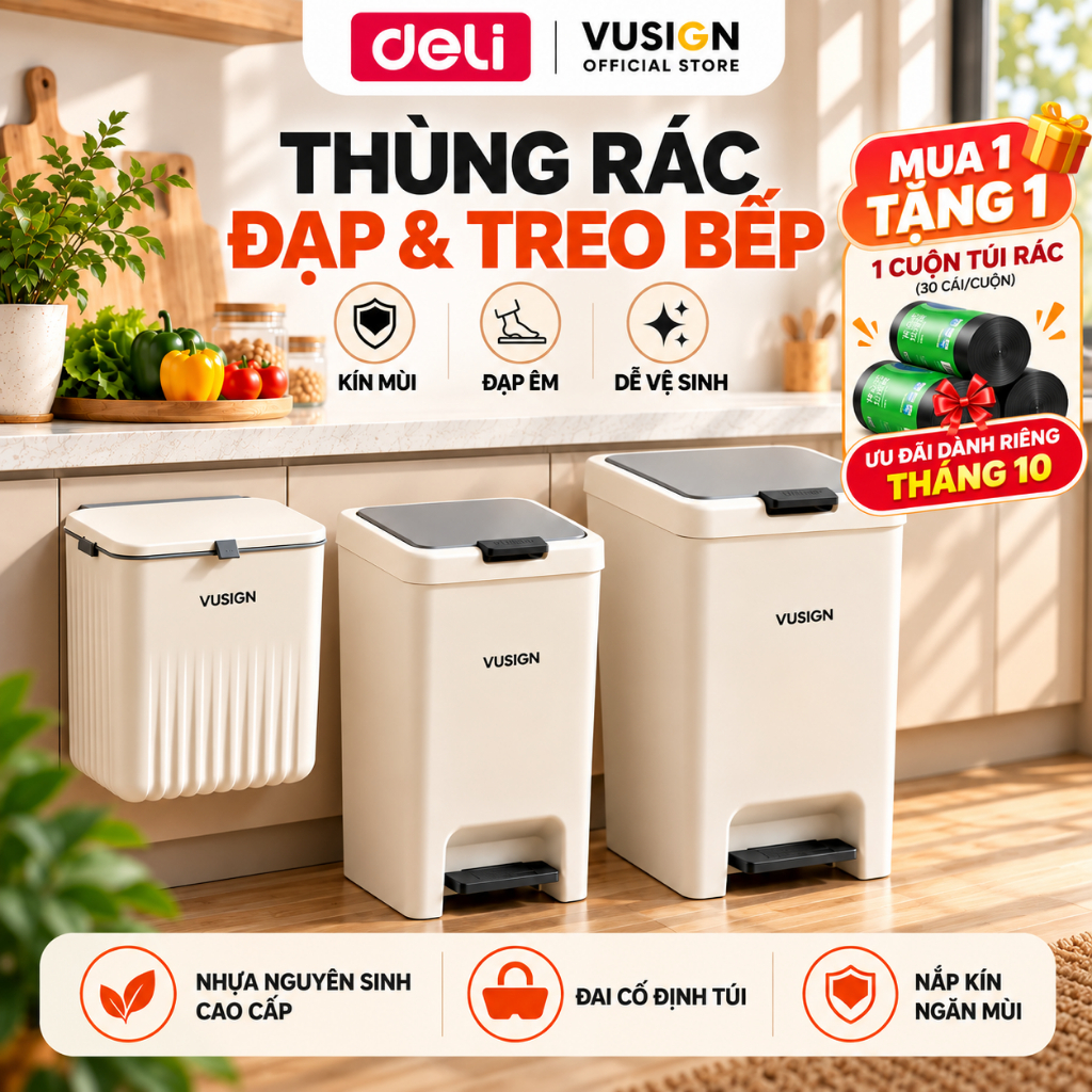 [TẶNG 30 TÚI RÁC] Thùng rác đạp chân 10L,15L Deli có nắp ấn mở chống mùi sọt rác để phòng khách phòng ngủ