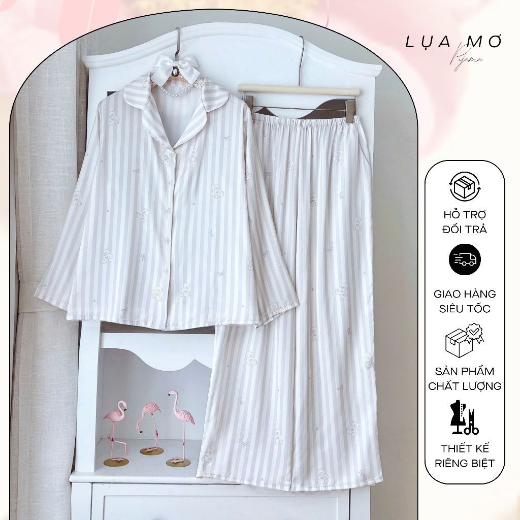 Pijama Tiểu Thư Tay Dài Form Truyền Thống Không Viền Họa Tiết Vải Lụa Latin Cao Cấp - Đồ bộ Lụa Mơ LM161