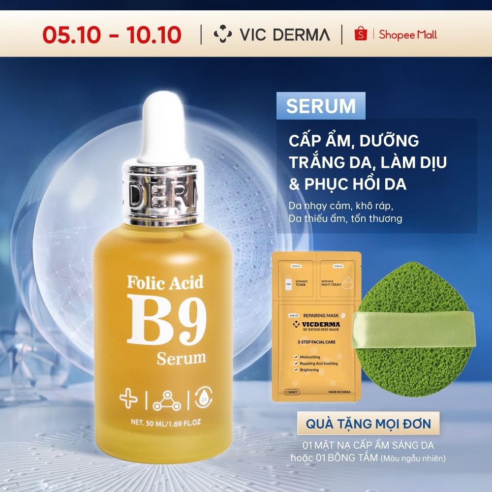 Serum b9 Vicderma cấp ẩm, dưỡng trắng & phục hồi làm dịu da Vic Derma B9 Folic Acid 50ml