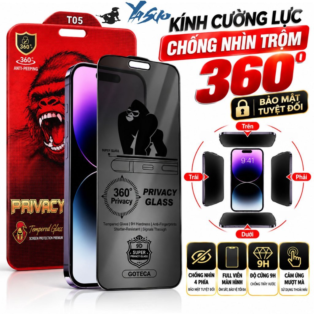 Kính Cường Lực Chống Nhìn Trộm 360 Độ Full Màn Cảm Ứng Mượt iphone 17 18 Pro max 16 Plus 15 14 13 12 11 Xr Xsmax air