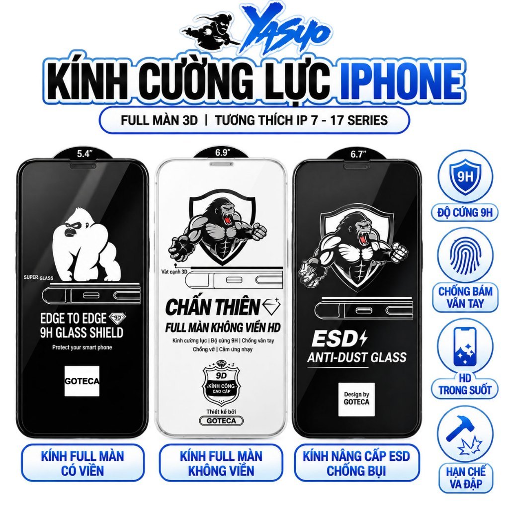 Kính Cường Lực iphone Full Màn Trong Suốt Chống Trầy Xước Cho 17 18 Promax 16 Plus 15 14 13 12 11 Xr Xs max