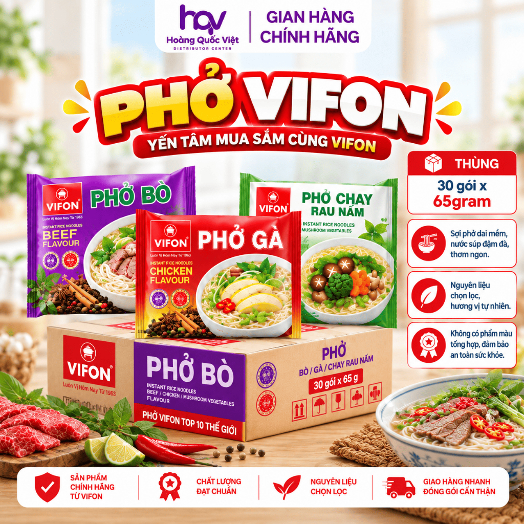 Thùng 30 Gói Phở Ăn Liền Bò/Gà/Chay Rau Nấm 65g VIFON Chính Hãng, Sợi Dai Mềm Đậm Đà Không Phẩm Màu