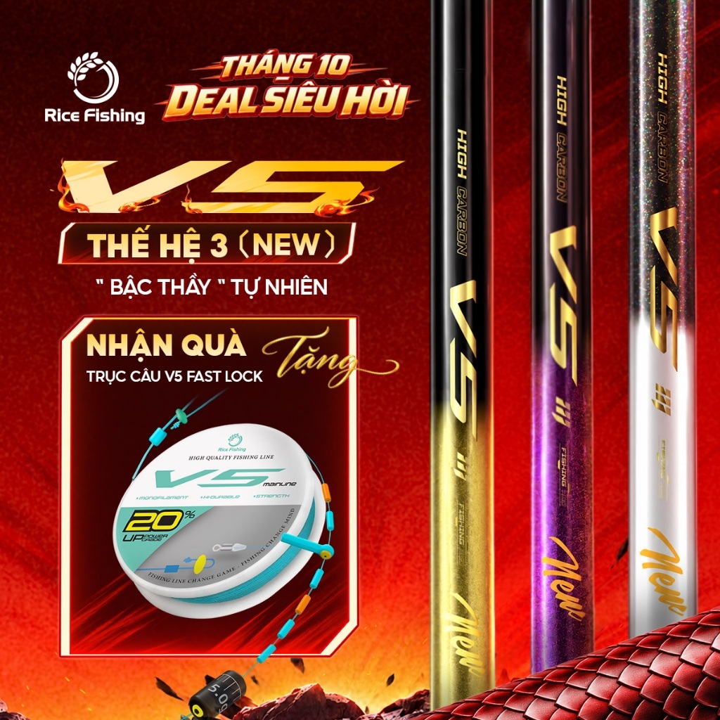 Cần câu đài V5 Thế hệ 3 Rice Fishing Carbon 30T & 40T Nâng cấp phiên bản mới 2025