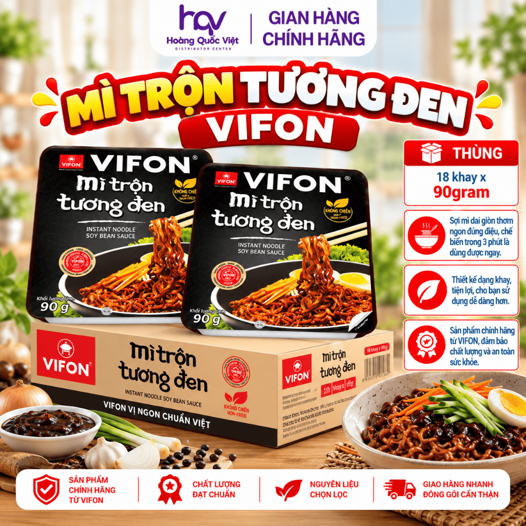 Thùng 18 Khay Mì Trộn Tương Đen VIFON 90g Ăn Liền Tiện Lợi Sợi Mì Dai Mềm, Mì Tương Đen Thơm Ngon