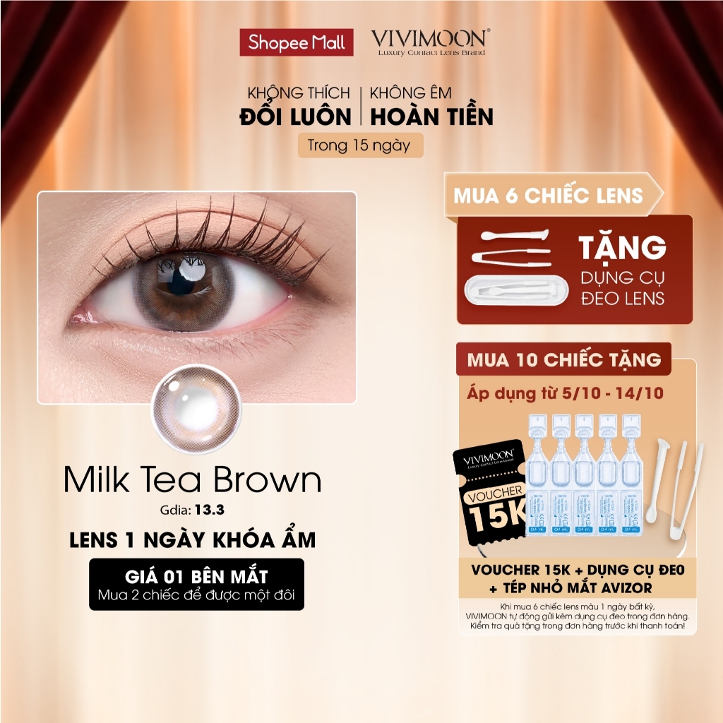 VIVIMOON lens cận 1 ngày Milk Tea Brown, kính áp tròng khóa ẩm màu nâu trà sữa (Giá 1 chiếc-1 bên mắt, x2 để mua 1 đôi)