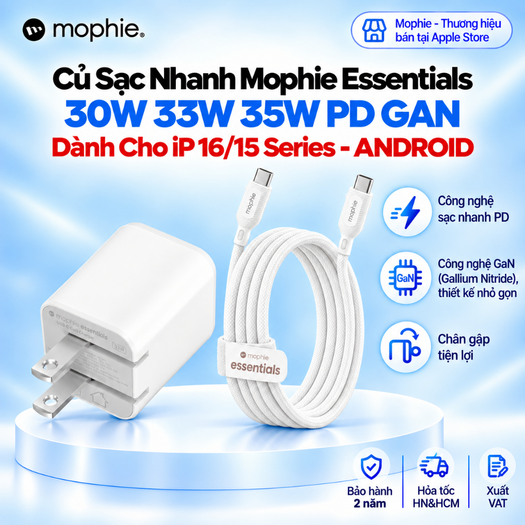 [iP Duo/18/17/16/15 Series/Android] Combo Bộ Sạc Nhanh Mophie PD 30W 33W 35W 40W, Công Nghệ GaN/AVS