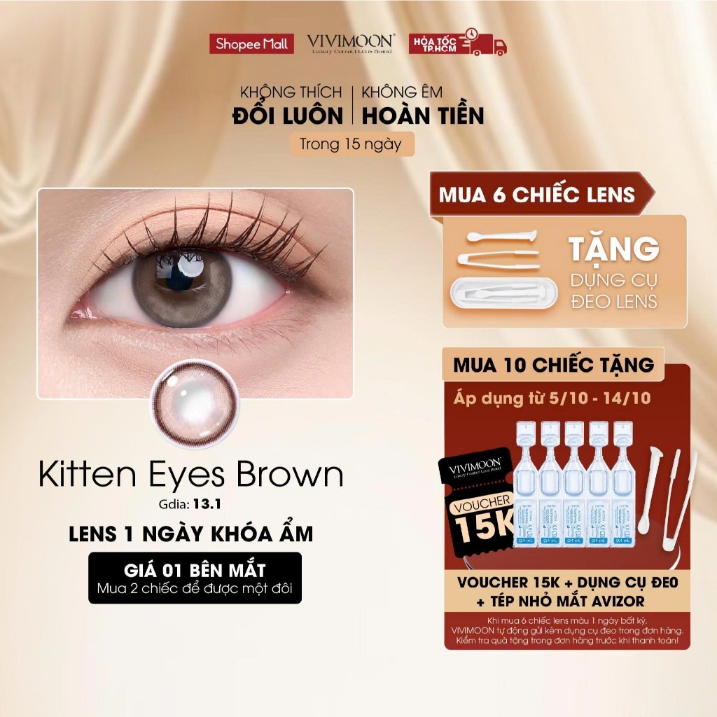 VIVIMOON lens cận 1 ngày màu nâu sáng Kitten Eyes Brown (Giá 1 chiếc - 1 bên mắt)