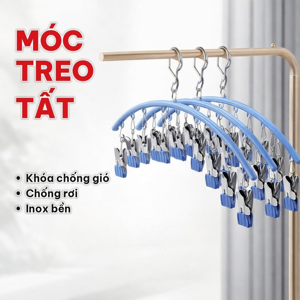 Móc Treo Tất Vớ Inox 10 Kẹp Có Khóa Chống Gió Chống Rơi, Móc Phơi Đồ Sơ Sinh Đa Năng Tiết Kiệm Diện Tích
