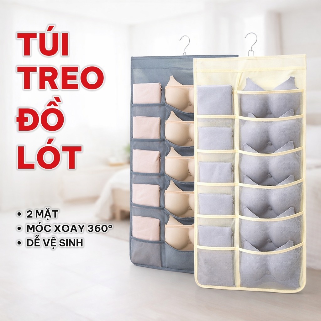 Túi Treo Đựng Đồ Lót Nhiều Ngăn 2 Mặt, Túi Đựng Đồ Lót Có Móc Treo Bằng Vải Lưới Gấp Gọn Cho Tủ Quần Áo