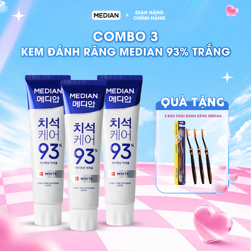 Combo 3 Tuýp Kem Đánh Răng MEDIAN 93% Tartar White Toothpaste Giúp Răng Trắng Sáng, Loại Bỏ Mảng Bám