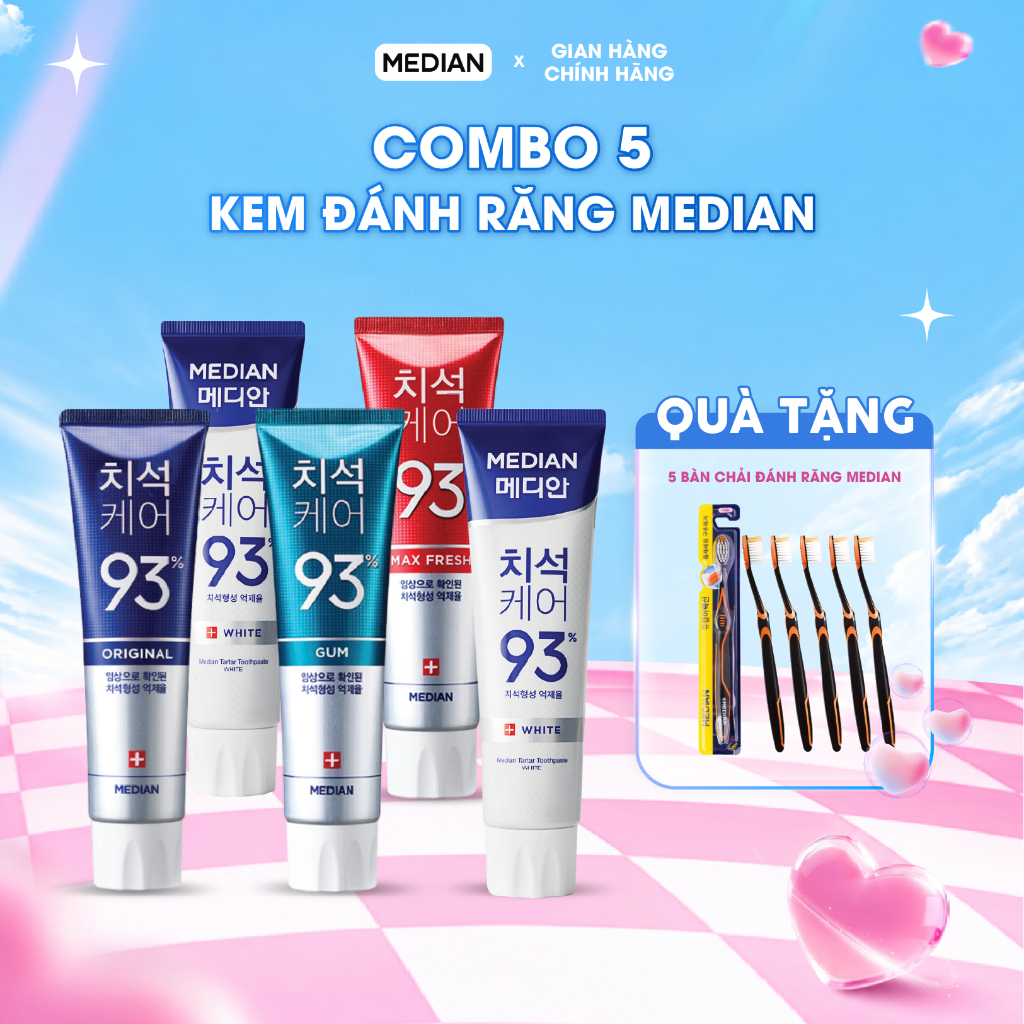 Combo 5 tuýp Kem Đánh Răng MEDIAN 93% Giúp Răng Chắc Khỏe , Trắng Sáng, Loại Bỏ Mảng Bám 120g