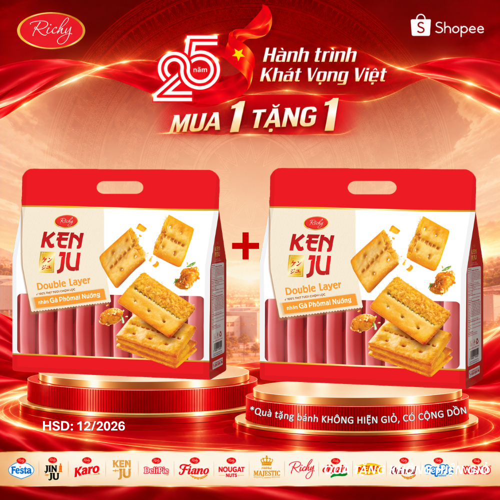 [MUA 1 TẶNG 1 - HSD: 11/2026] Bánh Richy Kenju 2 Lớp Vị Gà Phô Mai Nướng Thơm Giòn Bánh Ăn Vặt Mới Ra Mắt Túi 216g