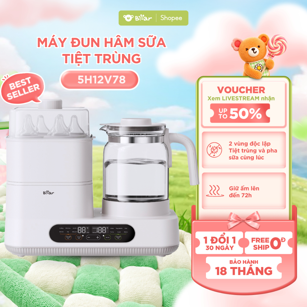 Máy Đun Nước Pha Sữa Tiệt Trùng BEAR WW-5H12V78, Máy Hâm Sữa Và Tiệt Trùng Bình Sữa Sấy Khô Đa Chức Năng Giữ Ấm Nước 72H