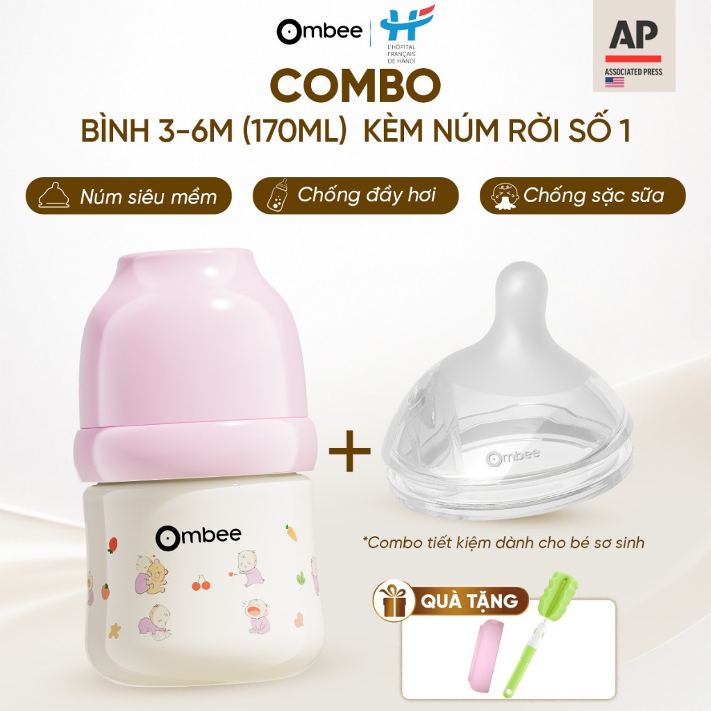 [Dung Tích 170ml + Núm Số 1] Combo Bình Sữa Ombee Dành Cho Bé Từ Sơ Sinh Đến 6 Tháng Tuổi