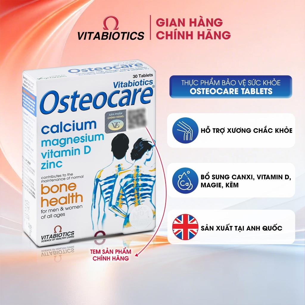 TPBVSK Vitabiotics OSTEOCARE Tablets bổ sung canxi, vitamin D3, kẽm và magie hỗ trợ xương chắc khỏe, 30 viên
