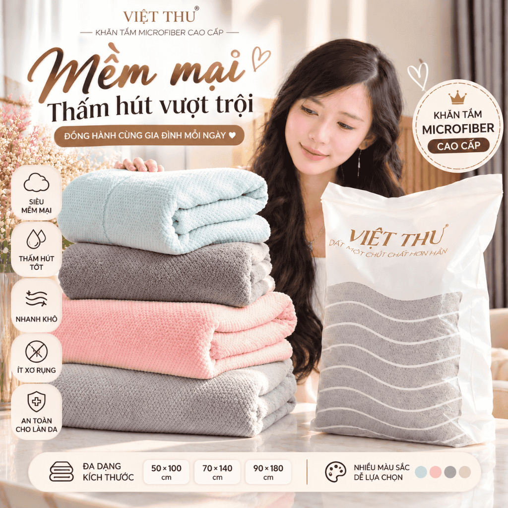 Khăn Tắm Microfiber VIỆT THƯ Cao Cấp – Mềm Mịn, Thấm Hút Tốt, Nhanh Khô, 50x100 70x140 90x180cm