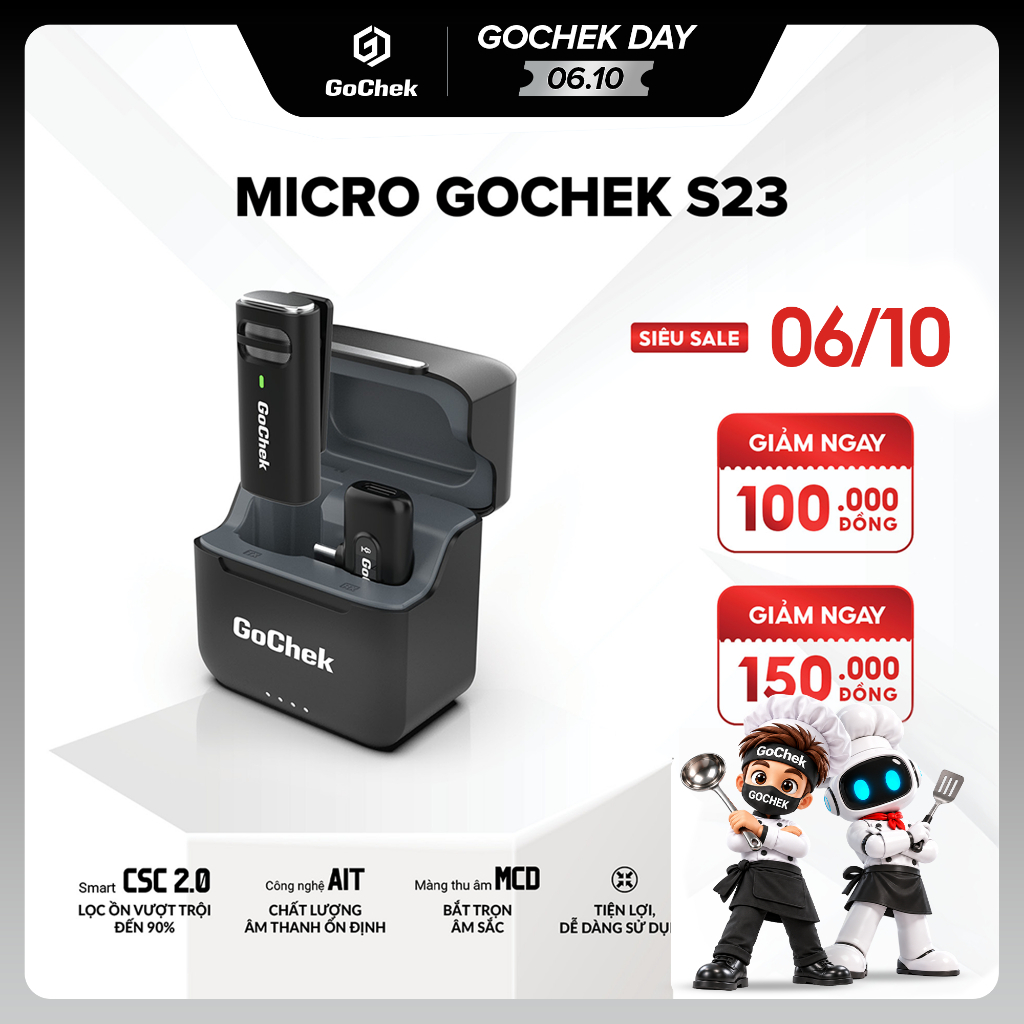 Micro Thu Âm Không Dây GoChek S23 – Kèm Dock Sạc, Lọc Tạp Âm, Dùng Cho Điện Thoại/Máy Tính