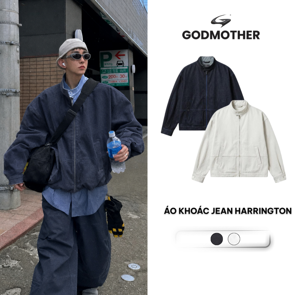 Áo Khoác Jean GODMOTHER Harrington Jacket Cổ Trụ Cài Cúc Form Rộng Phong Cách Cá Tính Năng Động