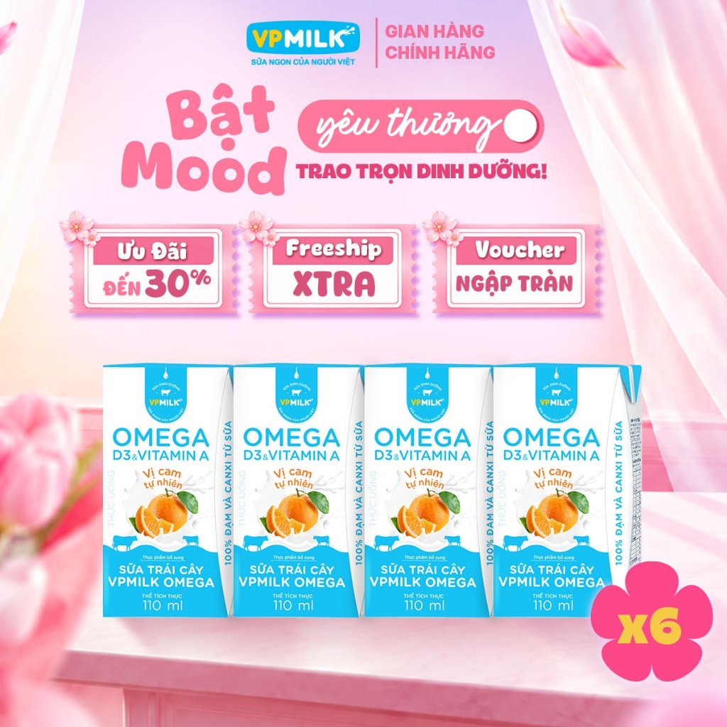 [NỬA THÙNG 6 lốc] Sữa trái cây VPMILK Omega vị CAM tự nhiên hộp 110ml (4 hộp x 6)