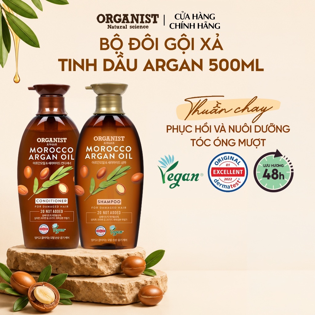 [CHÍNH HÃNG ĐỘC QUYỀN] Combo Dầu gội và Dầu xả thuần chay Organist tinh dầu Morocco Argan chăm sóc tóc hư tổn 500mlx2