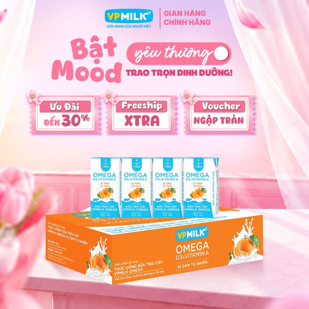 Sữa trái cây VPMILK Omega vị CAM tự nhiên hộp 110ml (Thùng 48 hộp)
