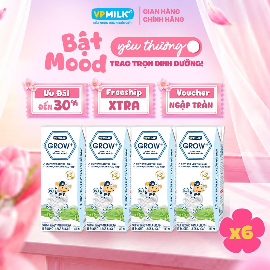 [NỬA THÙNG 6 lốc] Sữa Tiệt Trùng VPMilk Grow+ ít đường thể tích 180ml (lốc 4 hộp x 6)
