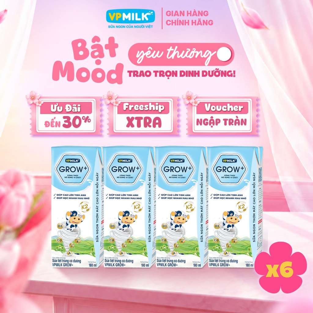 [Combo 6 lốc] Sữa Tiệt Trùng VPMilk Grow+ Có Đường 180ml Cho Bé Từ 1 Tuổi (lốc 4 hộp x 6)