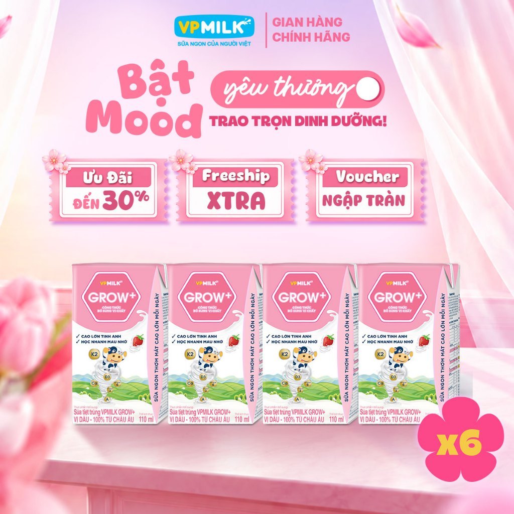 [Combo 6 lốc] Sữa Tiệt Trùng VPMilk Grow+ Vị Dâu 110ml Cho Bé Từ 1 Tuổi (4 hộp x 6)