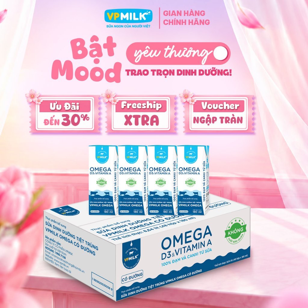 Sữa Dinh Dưỡng Tiệt Trùng VPMilk Omega Có Đường dạng hộp 180ml (thùng 48 hộp)