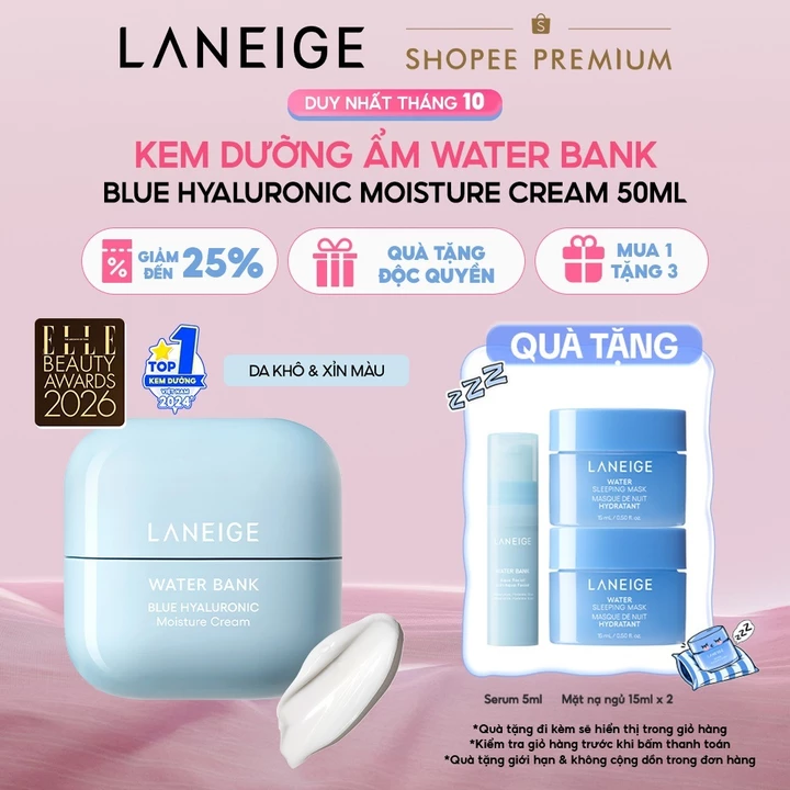 Kem Dưỡng Ẩm Sâu 100H Laneige Water Bank Blue Hyaluronic Moisture Cream 50ml (Da Thường và Da Khô)