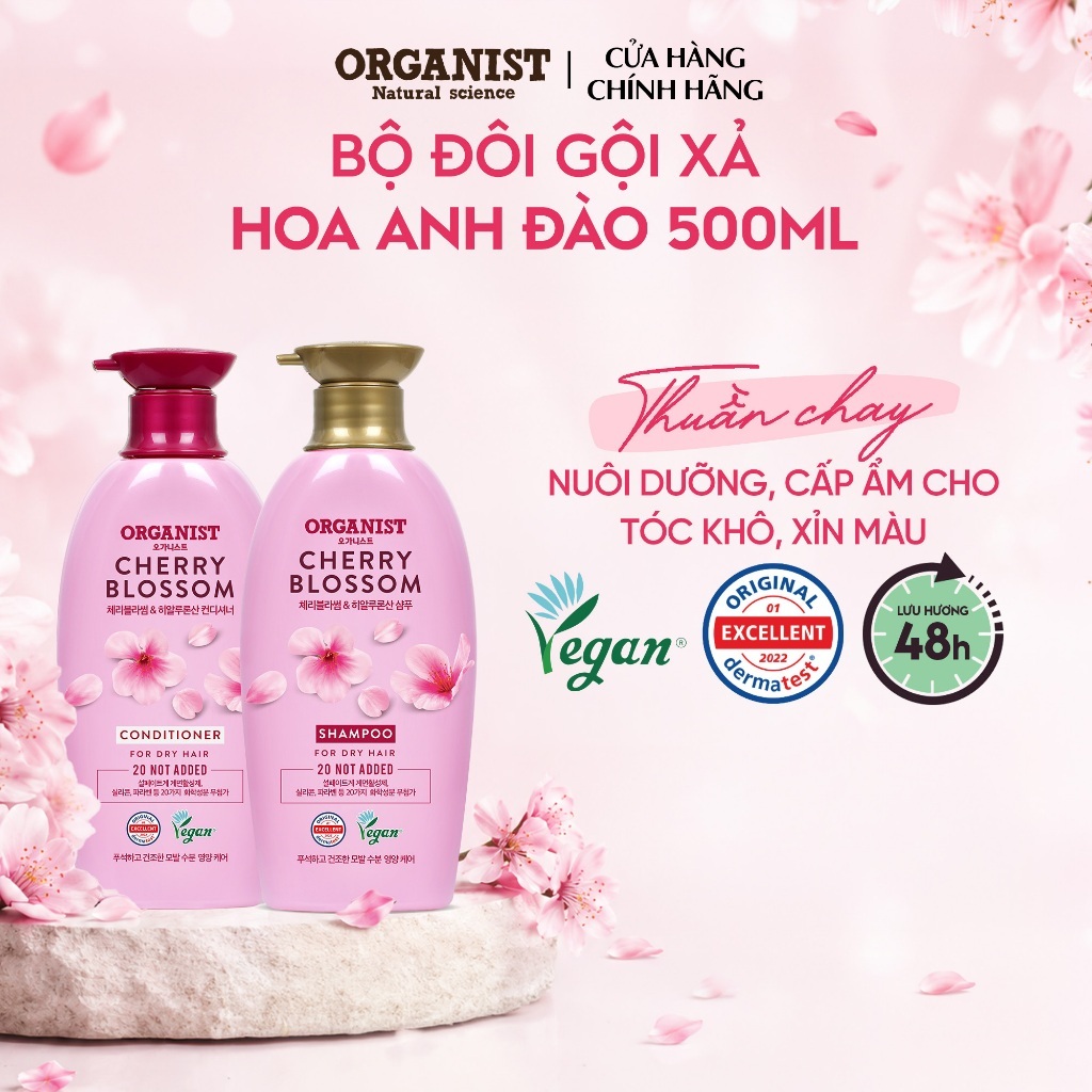 [CHÍNH HÃNG ĐỘC QUYỀN] Combo Dầu gội và Dầu xả thuần chay Organist Hương Hoa Anh Đào dưỡng tóc khô và xỉn màu 500mlx2