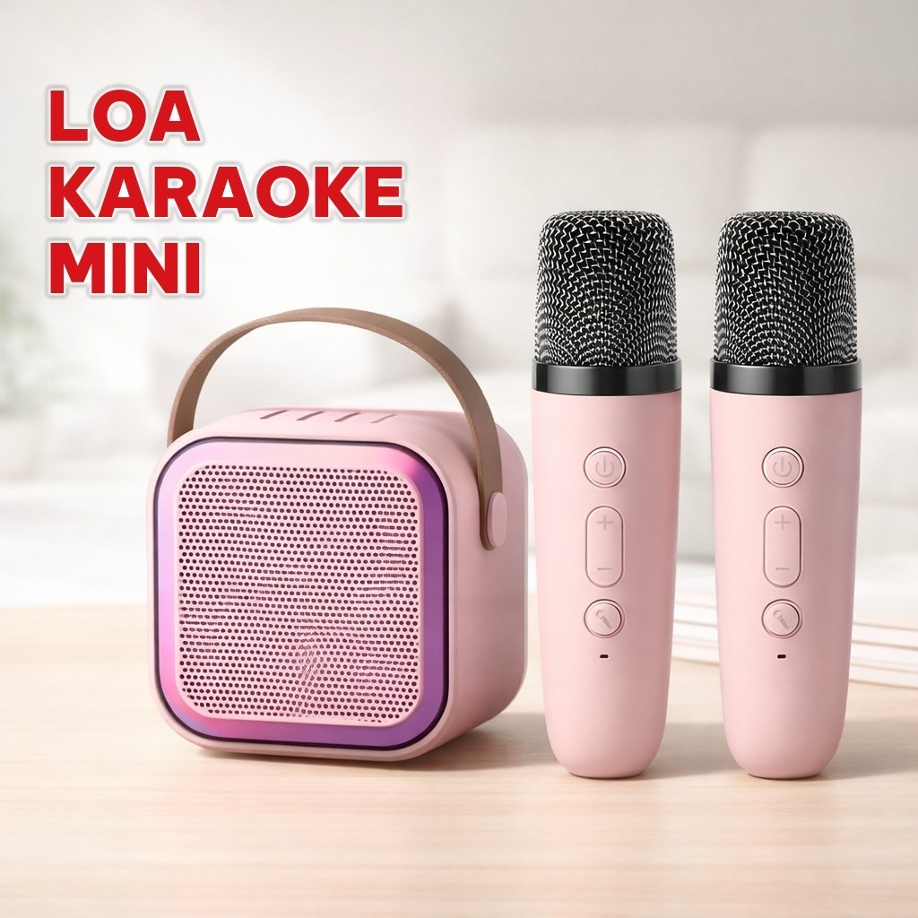 Loa Bluetooth Karaoke Mini Kèm 2 Micro Không Dây, Loa Hát Karaoke Công Suất 10W, Dùng Nghe Nhạc Tại Nhà