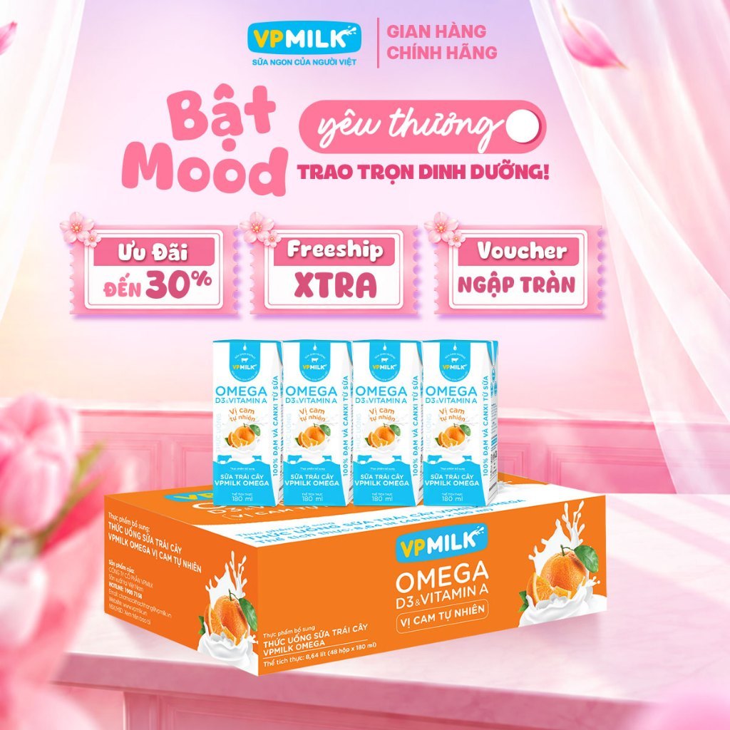 Sữa trái cây VPMILK Omega vị CAM tự nhiên hộp 180ml (Thùng 48 hộp)